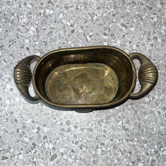 Small Brass Oval Planter Seashell Accent Handles Beautiful Patina 3” Tall Vtg - Picture 8 of 14